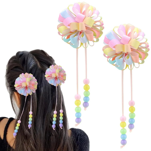 🌸✨ Adorable Flower Hair Clips Set for Girls 🌷💖 Bead & Tassel Delight! 🎀💫 - Pixie Quill