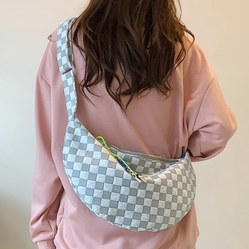 Kawaii Plaid Half Moon Messenger Bag 🌈✨ Cute & Casual Shoulder Bag for Weekend Adventures! 👜💕