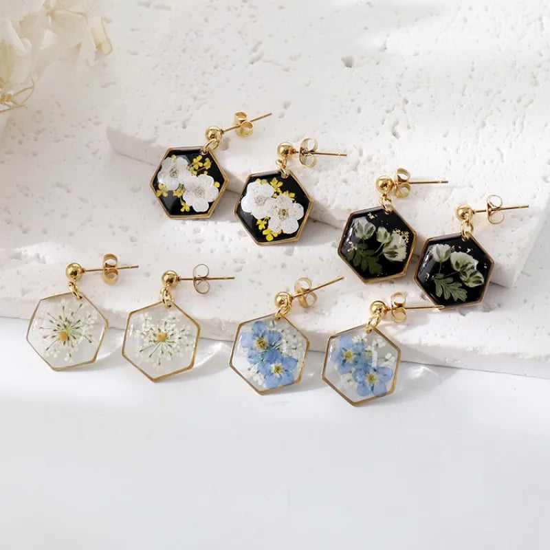 Elegant Pressed Flower Earrings For Women Natural Blue Floral Drop Earrings Handmake Epoxy Resin Plant Earring Jewelry Wholesale