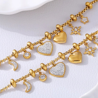 Kawaii Moon & Heart Stainless Steel Charm Bracelet 🌙💖 | Cute Luxury Jewelry Gift for Women 🎁✨