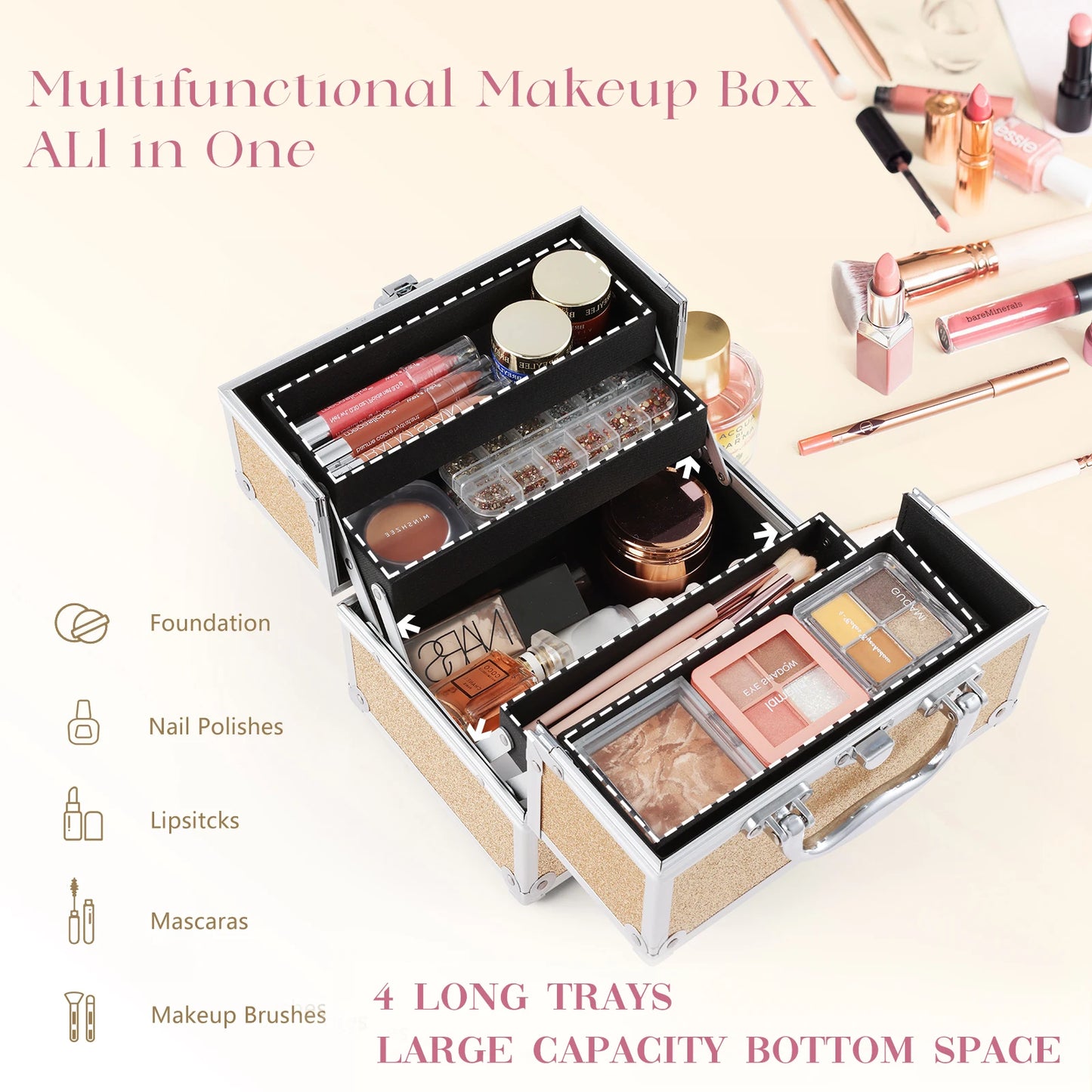 Kawaii Mermaid Makeup Organizer ✨💕 Lockable Cosmetic Case with 4 Trays for Jewelry & Nail Accessories 🌈💖