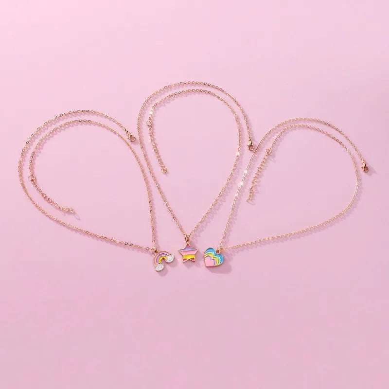 Kawaii 3Pcs Rainbow Star & Heart Necklace Set 🌈💖 for BFFs – Trendy Gifts for Girls!