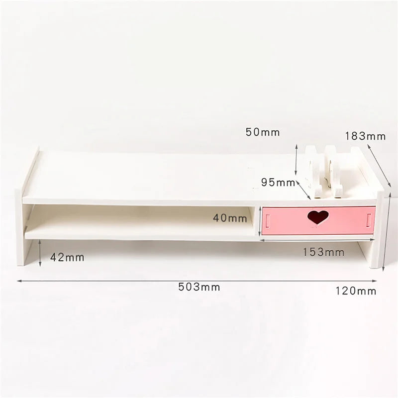 Kawaii Pink & White Heart Drawer Desk Organizer 💖✨ - Cute Monitor Riser & Stationery Holder for Students!