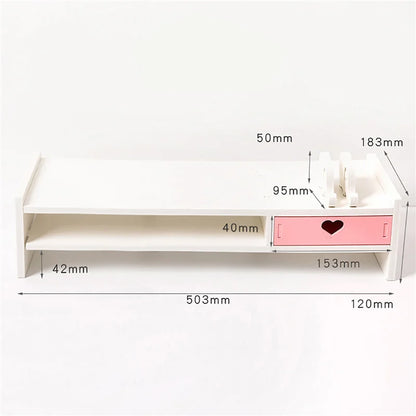 Kawaii Pink & White Heart Drawer Desk Organizer 💖✨ - Cute Monitor Riser & Stationery Holder for Students!