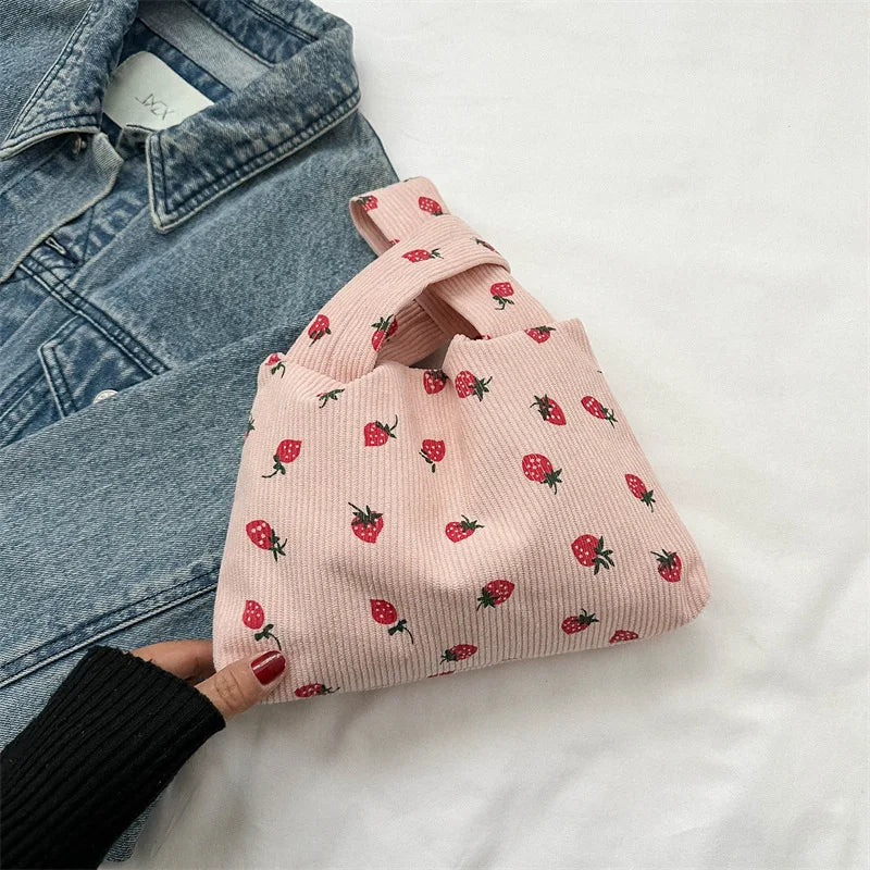 🍓 Adorable Strawberry Delight Tote Bag 🌟 Cute Corduroy Handbag for Trendy Ladies! - Pixie Quill