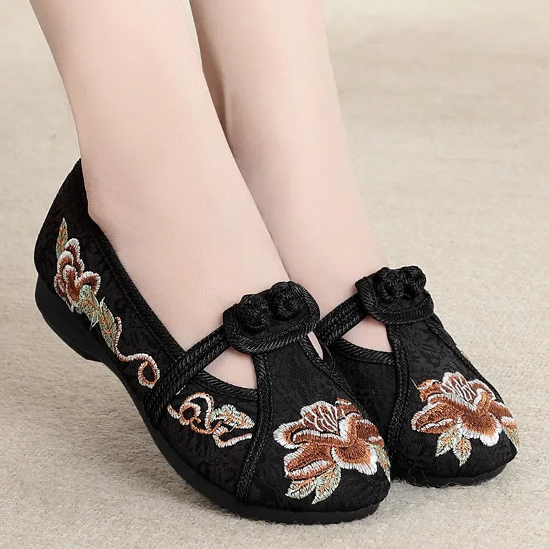 Retro Red Embroidered Ballet Flats Women Casual Anti Skid Hemp Flat Shoes 👡🌸