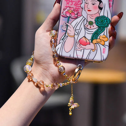 Crystal Phone Chain With Butterfly Pendant, Sweet Gold Bead Wrist Strap 💎🦋