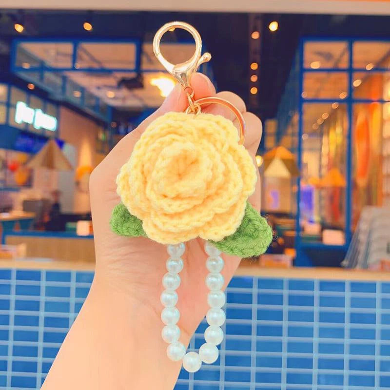 Fluffy Knit Rose Keychain Crochet Flower Pendant With Pearl Wrist Strap 🎀🌸🧶