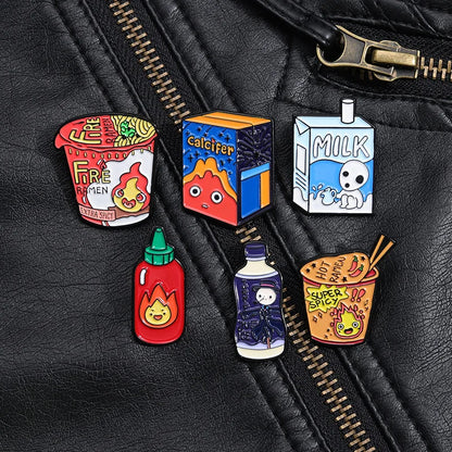 Kawaii Fire Demon Ramen Enamel Pins 🍜✨ Custom Cartoon Brooches for Kids 🎒 Adorable Anime Jewelry Gift