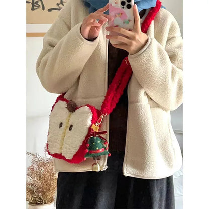 Plush Lamb Wool Apple Handbag Crossbody For Women Christmas Cute Bag 🍎🐑🎄
