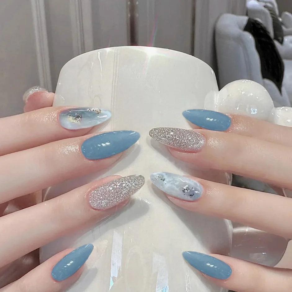 Kawaii Dreamy Starry Press-On Nails 🌙✨ | 24pcs Gradient Blue French Tips with Gold Moon Designs 🌟💅 for Sweet Almond Looks!