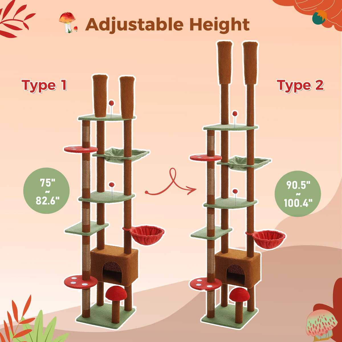 Floor To Ceiling Cat Tower With Adjustable Height, Condo, Hammock And Scratching Post 🐾 Brown Cozy Play Haven