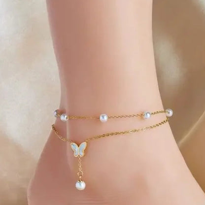Kawaii Charm Anklet 🌸✨ - 2-Layer Pearl & Butterfly Shells, Trendy Beach Jewelry for Stylish Ladies 🦋💖