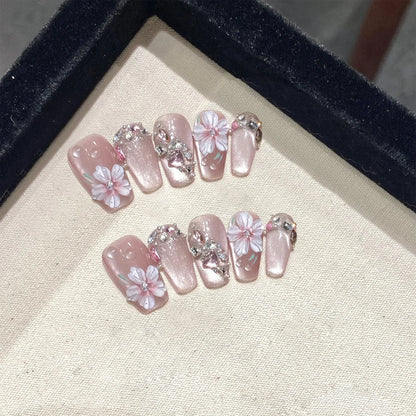 Kawaii 10-Piece Pink Coffin Press-On Nails with 3D Rhinestones & Butterfly Design 🦋💖✨ - Reusable & Easy to Apply!
