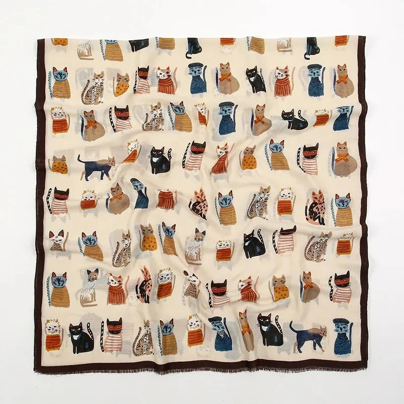 Playful Cat Print Fringed Scarf Women Cotton Viscose 180x85 Cm 🐈✨