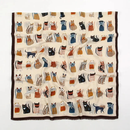 Playful Cat Print Fringed Scarf Women Cotton Viscose 180x85 Cm 🐈✨