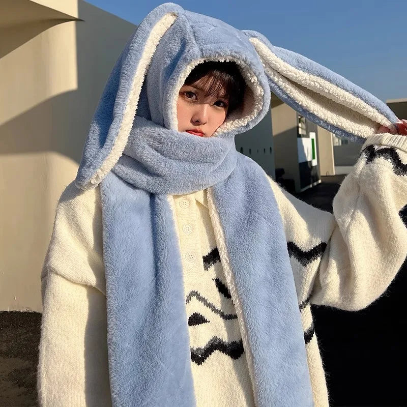 🥰 Kawaii Plush Rabbit Ears 3-Piece Winter Hat & Scarf Set 🐰✨