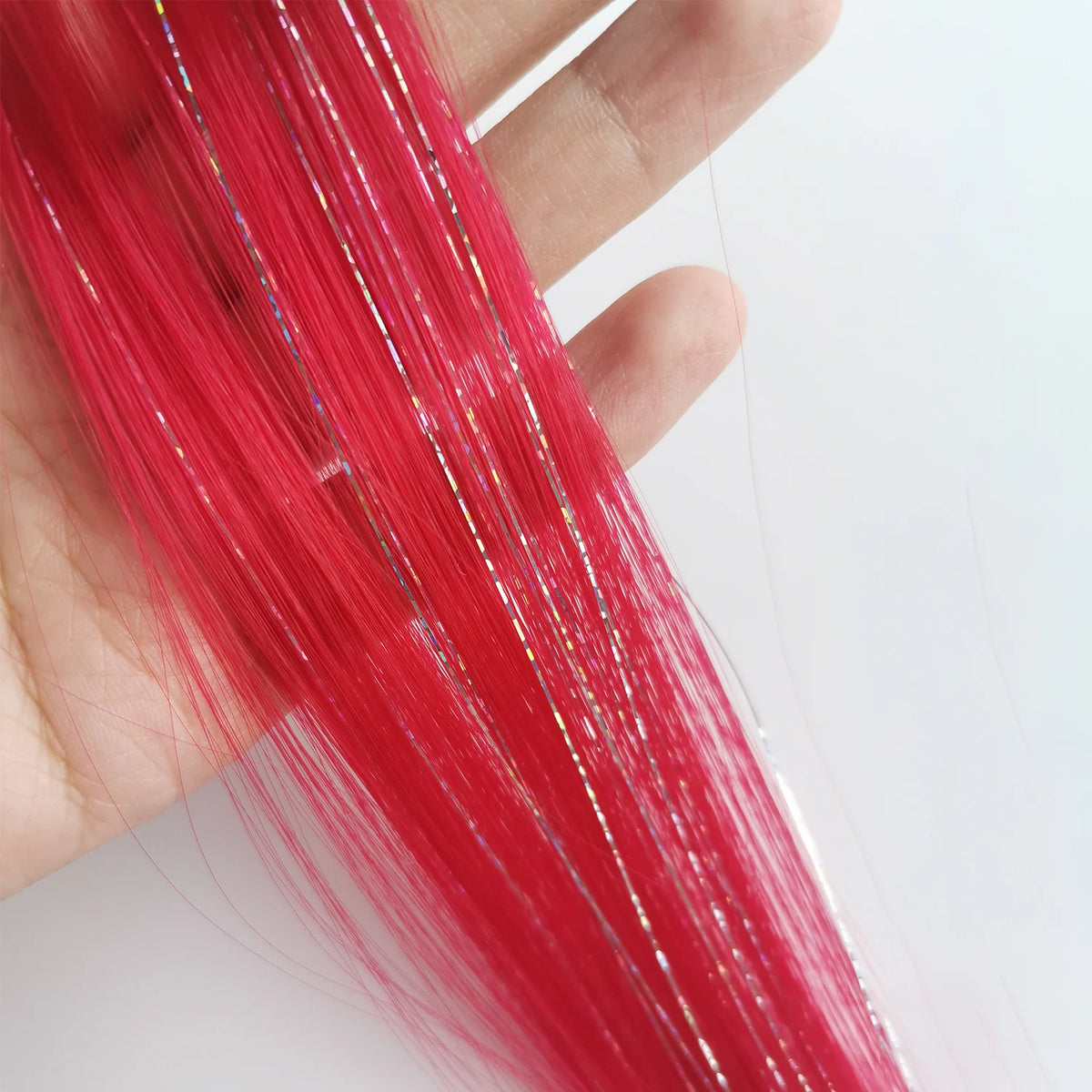Clip In Pink Hair Extensions With Silver Tinsel Rainbow Highlights For Women ✨💖