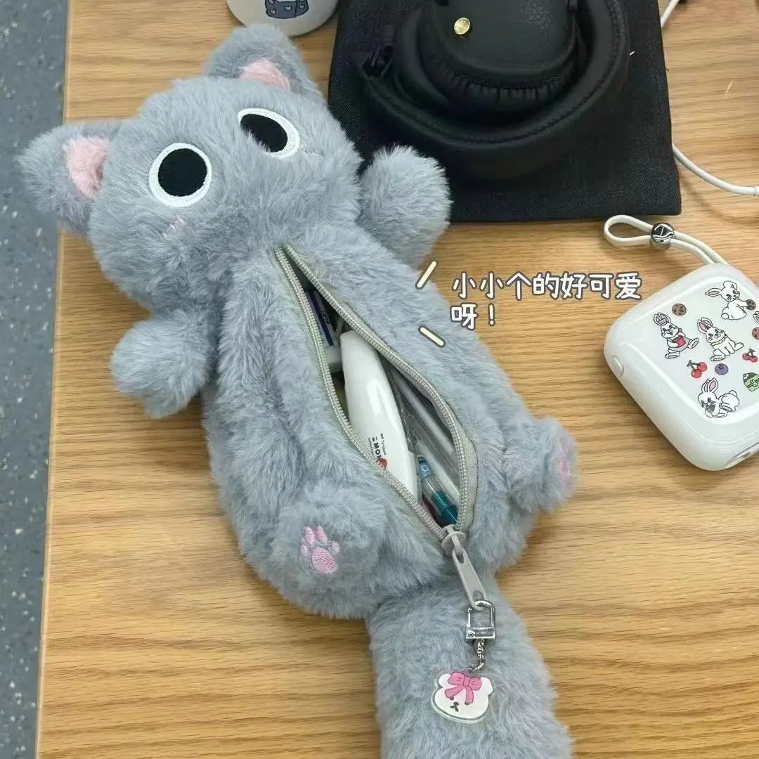 Kawaii Gray Plush Kitten Pencil Case 🐾✨ - Adorable Large-Capacity Stationery Organizer for Students! 🎀✏️