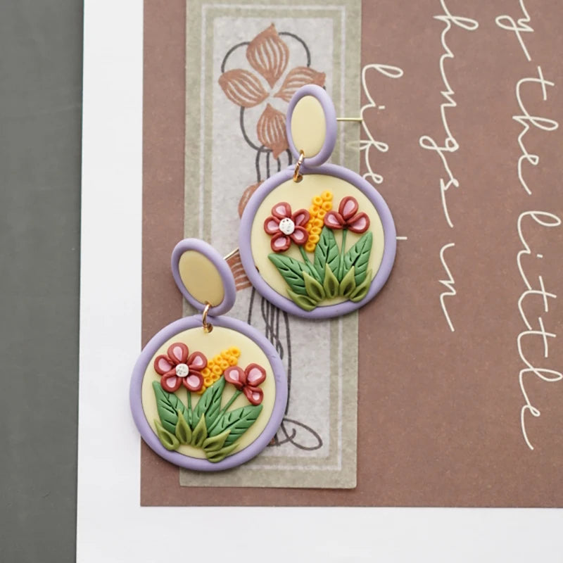 Handmade Crafts Flowers Circle Floral Multi Colors Ethnic Nature Round Polymer Clay Dangle Earrings Sets For Women Gifts