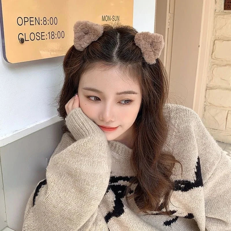 Kawaii Fluffy Cat Ear Hair Clips 🐾✨ | Adorable Lamb Cashmere Accessory for Winter 💖 | Cute Headwear for Girls & Women 🎀