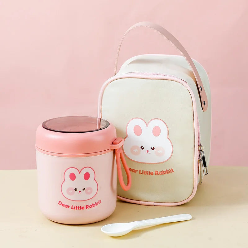 Kawaii 530ml Stainless Steel Lunch Box 🐰🐻 Insulated Bento Box for Kids | Cute Rabbit & Bear Thermal Soup Cup 🌟✨