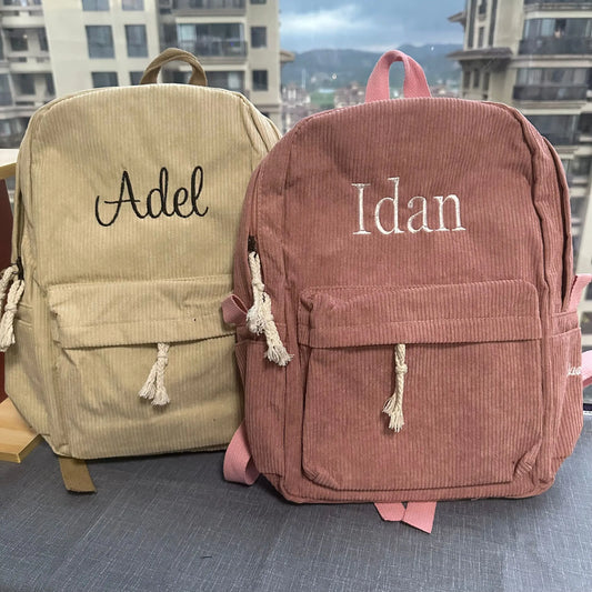 Kawaii Personalized Kids Backpack 🎒✨ | Cute Embroidered Corduroy School Bag for Toddlers with Name 🌈💖