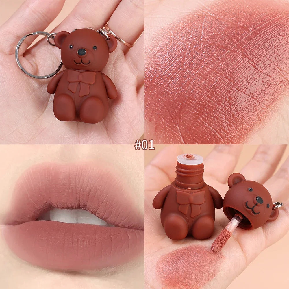 Water Light Mirror Lip Glaze Waterproof Long Lasting Cute Bear Keychain Lip Gloss Silky Smooth Liquid Lipstick Women Lip Makeup