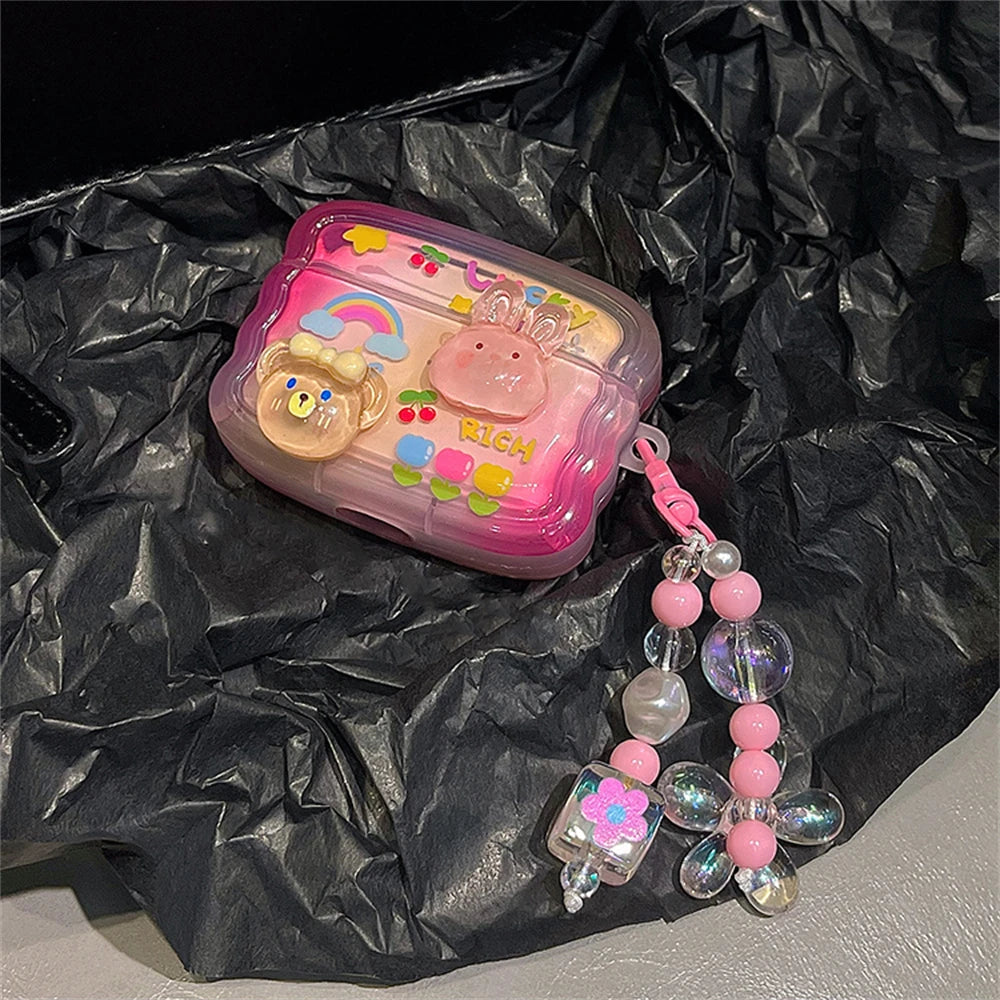 🐰✨ Adorable 3D Bunny & Bear AirPods Case with Wavy Border & Flower Beads 🌸🎧 - Pixie Quill