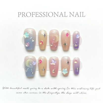 Kawaii 3D Press-On Nails Set 💖✨ - 10Pcs with Love Hearts, Moon, Butterfly & Rhinestones 🌙🦋 - Perfect for Nail Art Lovers!