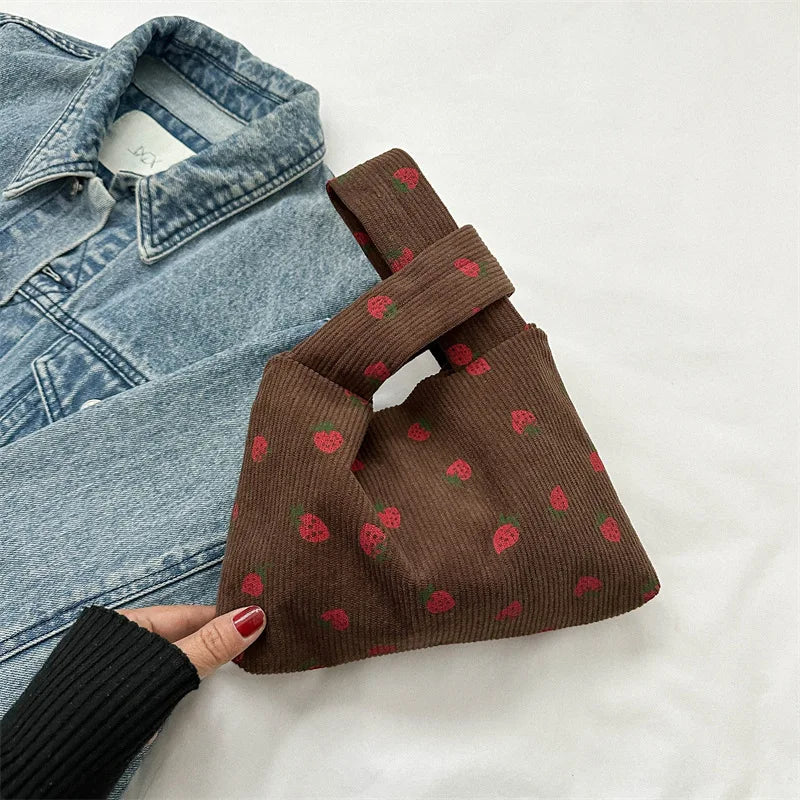 🍓 Adorable Strawberry Delight Tote Bag 🌟 Cute Corduroy Handbag for Trendy Ladies! - Pixie Quill