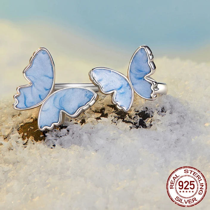 Kawaii 925 Silver Blue Butterfly Ring 🦋✨ | Adorable Enamel Wedding Gift & Matching Stud Earrings 🎁💕