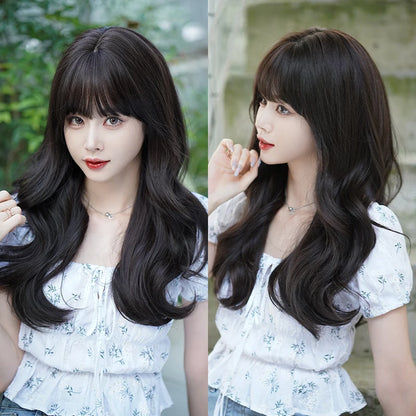 Kawaii Dreamy Sakura Pink Wavy Wig 🌸✨ | High-Density Curly Hair with Bangs for Sweet Girls 💖🎀