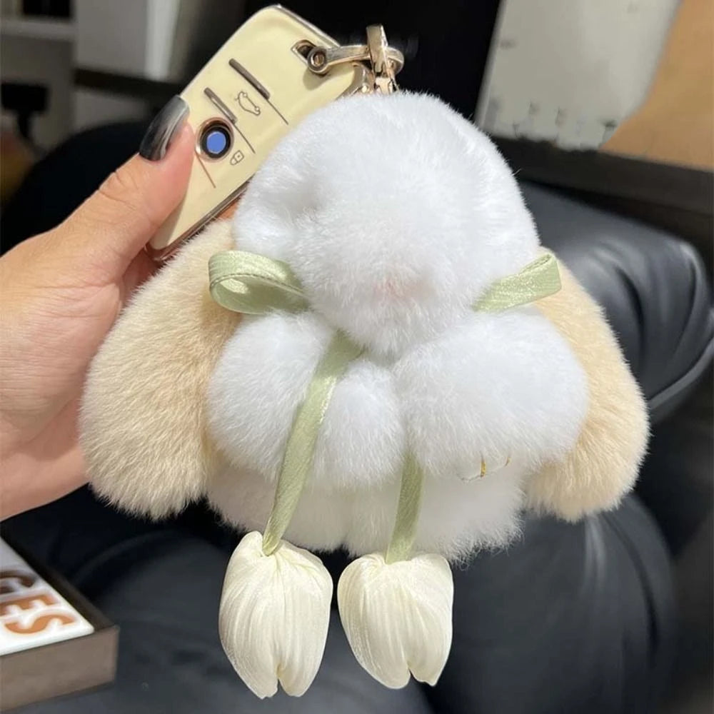 Fashion Tulips Rabbit Fur Keychain Alloy Ring Bag Charm Plush Bunny Pendant 🐰✨