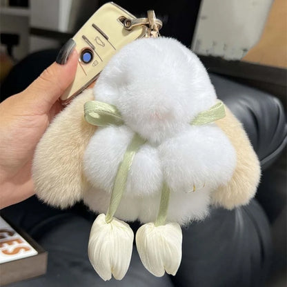 Fashion Tulips Rabbit Fur Keychain Alloy Ring Bag Charm Plush Bunny Pendant 🐰✨