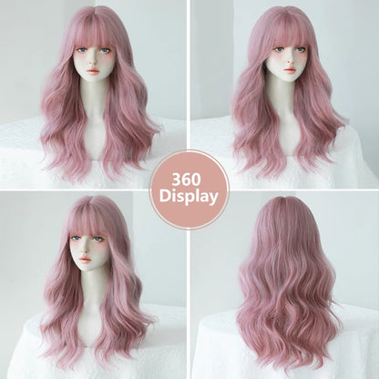 Kawaii Dreamy Sakura Pink Wavy Wig 🌸✨ | High-Density Curly Hair with Bangs for Sweet Girls 💖🎀