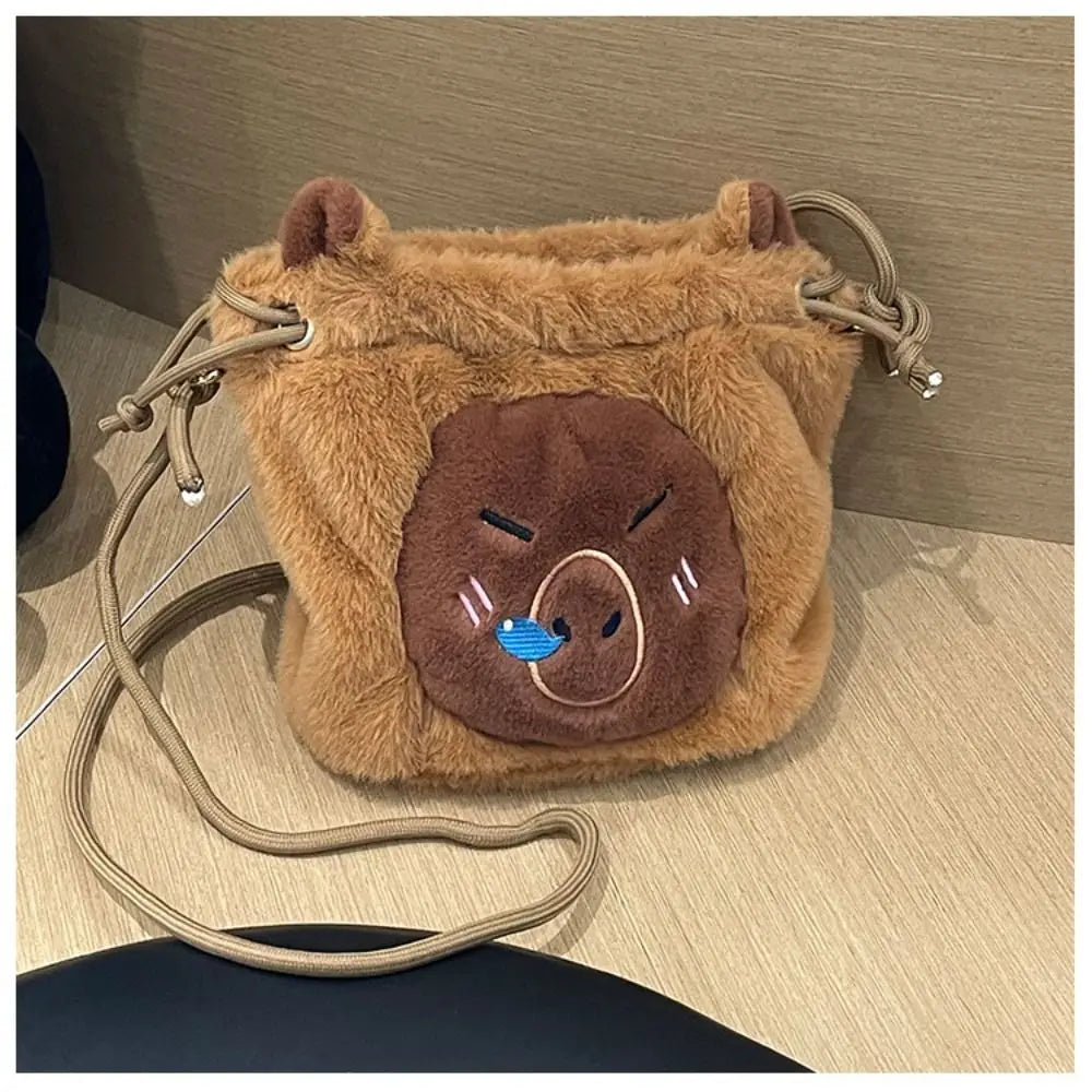 Kawaii Capybara Plush Crossbody Bag 🐾✨ | Cute Drawstring Bucket Pouch for Phone & Coins 🎒💖