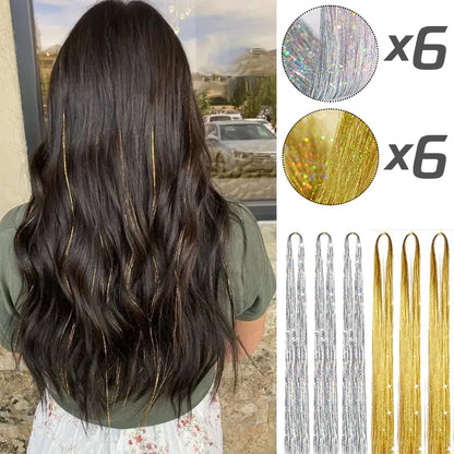 ✨Sparkly Fairy Hair Tinsel Set 🌈12 Shimmering Strands for Whimsical Hairstyles 🎉 Perfect for Parties & Festivals! 🦄✨