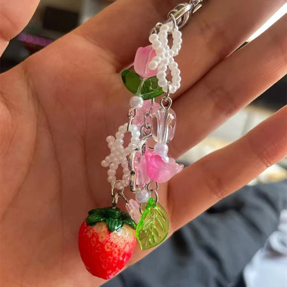 Delightful Strawberry Bow Keychain Y2K Charm Bag Pendant Lily Of The Valley Fairy Tale Jewelry Accessories 🍓🎀💫