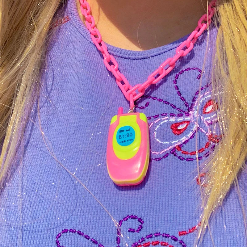 💕 Cute Pink Mini Phone Pendant Necklace 🌸 Trendy Y2K Harajuku Jewelry for Women ✨ 2000s Vibes!