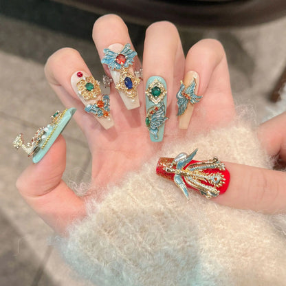 Kawaii Dragon & Phoenix Nail Art Set 🐉✨ | 10pcs Colorful Press-On Nails with Diamond & Gold Chain Decor 💖💅