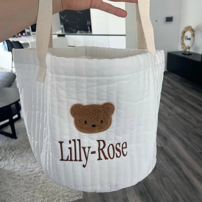 Personalized Kawaii Bear Storage Basket 🐻✨ | Cute Canvas Toy Organizer 🎀 | Perfect Baby Shower Gift 🎉💖