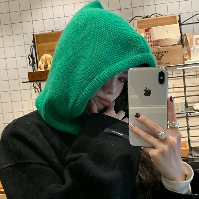 Knit Hooded Balaclava Beanie For Women Warm Winter Korean Style Drawstring 🐰