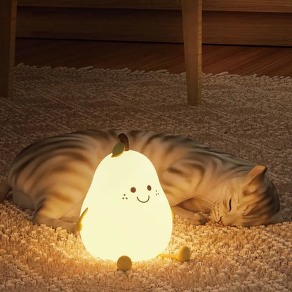 Kawaii Pear Silicone Night Light 🍐✨ - USB Rechargeable Touch Sensor Cat Lamp with Remote 🐾💕 for Kids & Baby Gifts!