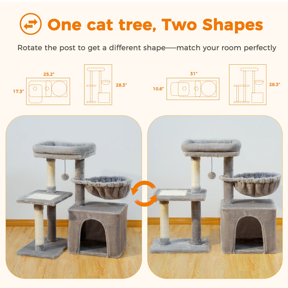 Whisker Wonderland Cat Tree Tower For Indoor Cats Grey Two Styles With Scratching Posts Hammock Top Perch 🐱🪵