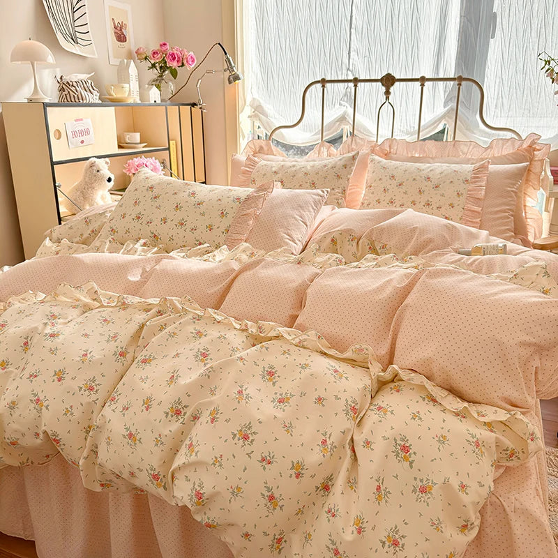 Kawaii 3-Piece Cotton Duvet Cover Set 🌸✨ (Duvet Cover + 2 Pillowcases) - Soft Floral Bedding with Korean Lace 🛏️💖