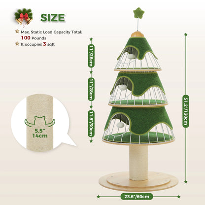 Christmas Cat Tree Tower With 4 Tiers, Wood Post, 3 Condos, Replaceable Mat 🐾🎄