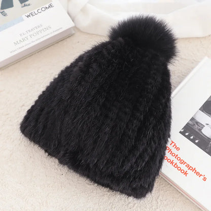 Fluffy Real Mink Fur Hat For Women With Fox Fur Pom Poms ❄️ Cozy Winter Beanie