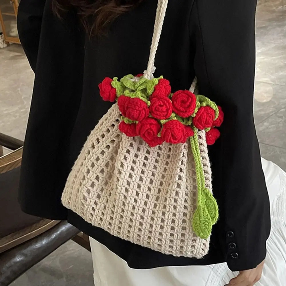 Rose Crochet Handbag Cute Spring Knitted Shoulder Bag Floral Bloom 🌸💖