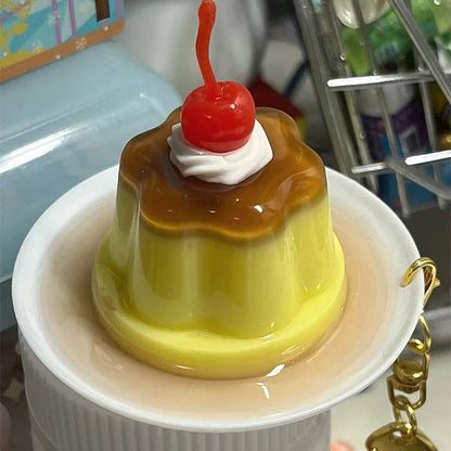Sweet Pudding Keychain Pendant With Cherry and Tiny Fish Charm 🍒🐟